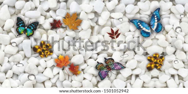 3d illustration, Butterflies and maple leaves on white stone background