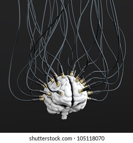 3D illustration of cables connected to brain. Mind control concept
