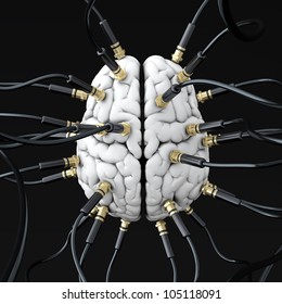 3D Illustration Of Cables Connected To Brain. Mind Control Concept