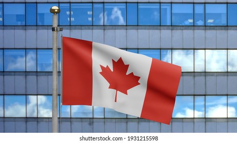3D illustration Canadian flag waving a modern skyscraper city. Beautiful tall tower with Canada banner blowing soft silk. Cloth fabric texture ensign background. National day and country concept