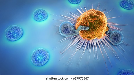 3d Illustration Of A Cancer Cell And Lymphocytes