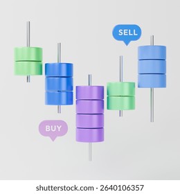 3D illustration of candlestick chart for stock market trading and investment.
