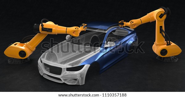 3d\
illustration Car assembly by industrial\
robot