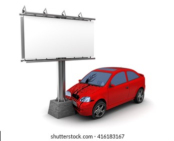 3d Illustration Of Car Crash With Billboard