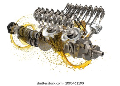 3d illustration of car engine and gearbox oil. Oil for car. Transmission gears in oil and engine parts.