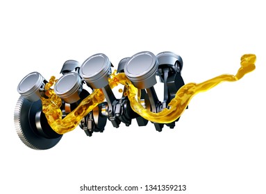 3d Illustration Of Car Engine With Lubricant Oil On Repairing. Concept Of Lubricate Motor Oil