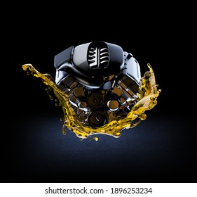 3D illustration of car engine with lubricant oil on repairing