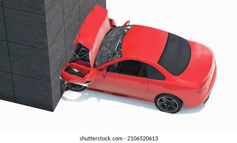 3D Illustration Of A Car Hitting A Wall  Isolated In White Background. Car Crash Into A Wall Or Building.