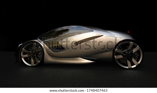 A 3D illustration. A car isolated on a dark\
background with reflections .The concept of an electric car. This\
is not a trademark.
