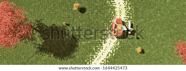 3d illustration of car loaded with suitcases
between wheat fields