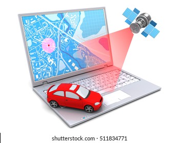3d illustration of car location tracking with laptop and satellite