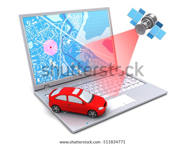 3d illustration of car location tracking with\
laptop and satellite