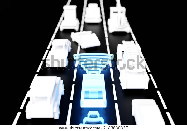 3d illustration car with safe distance with auto\
flow. The concept of a high-tech car with an unmanned vehicle.\
Self-propelled\
vehicle.