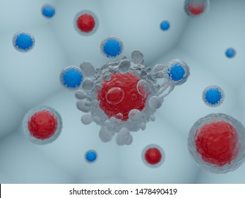 3D Illustration Of CAR T Cells Attacking Cancer Cells