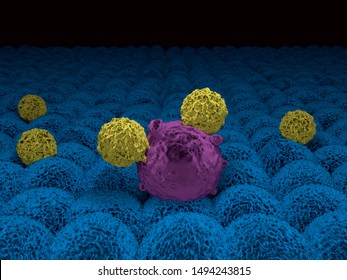 3d Illustration Of CAR T Cells Attacking A Cancer Cell