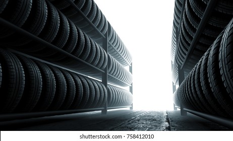 3D illustration, car tires rack in workshop background, back lit - Powered by Shutterstock