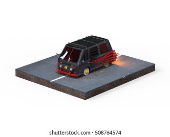 3d Illustration Of Car With Turbo Speedy Tuning, Many Exhaust Pipe, Funny Retro Design, Cartoon Style, Black And Red Minivan At Night, Gangsta Car, Parking 