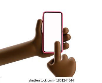 3d Illustration. Cartoon Black Man Hands Holding Phone On White Background. Cartoon Device Mockup.