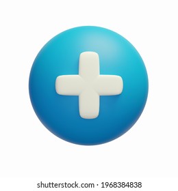 3d Illustration of cartoon blue circle with plus on the white background. Cute icon of first aid. Health care. Medical symbol of emergency help. 