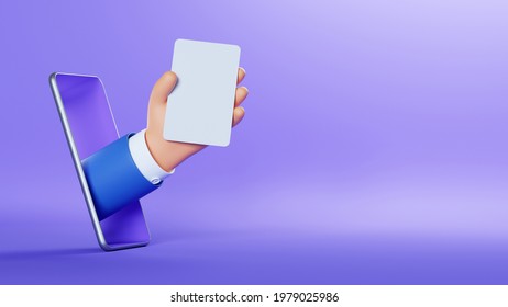 3d Illustration. Cartoon Character Businessman Hand With Blank Card Or Ticket, Sticking Out The Smart Phone Screen. Online Business Clip Art Isolated On Violet Background. Customer Support Service