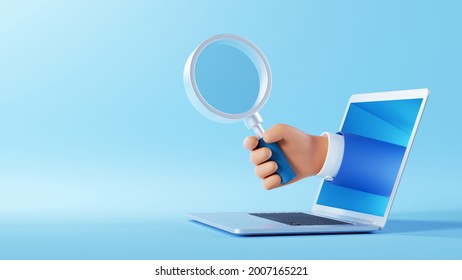 3d illustration. Cartoon character businessman hand sticking out the laptop screen, holding magnifying glass. Computer clip art isolated on blue background. Internet searching concept
