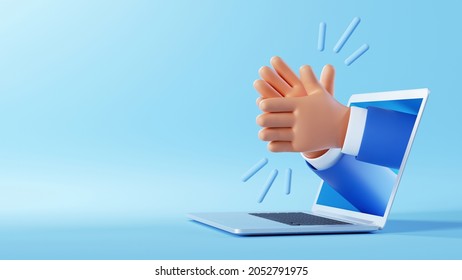 3d illustration. Cartoon character businessman hands sticking out the laptop screen. Applause gesture. Internet business clip art isolated on blue background. Congratulation concept.