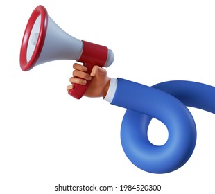 3d illustration. Cartoon character flexible hand holds megaphone. Online social media clip art isolated on white background. Promotion concept
