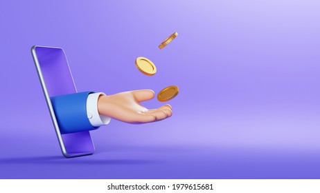 3d Illustration. Cartoon Character Hand Sticking Out The Smart Phone Screen, Throws Up Golden Coins To The Air. Online Business Profit Clip Art Isolated On Violet Background. Financial Application