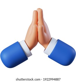 3d Illustration. Cartoon Character Hands Prayer Gesture. Hope Concept. Clip Art Isolated On White Background.