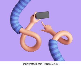 3d illustration, cartoon character hands hold smart phone, point with index finger and swipe. Online game concept. Flexible arms in stripped sleeves, clip art isolated on violet background