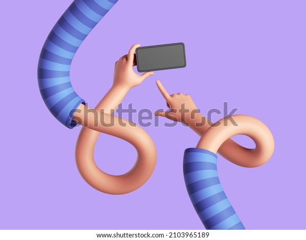 3d illustration, cartoon character hands hold\
smart phone, point with index finger and swipe. Online game\
concept. Flexible arms in stripped sleeves, clip art isolated on\
violet background