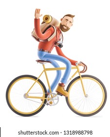 3d Illustration. Cartoon Character Tourist Ride On Bicycle.