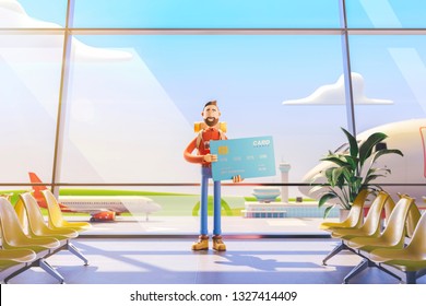 3d Illustration. Cartoon Character Tourist Salutes In Airport. Concept Of Travel Over The Air Miles