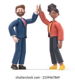 3D Illustration Of Cartoon Characters Informal Greeting. Happy Cheerful Cartoon Characters Giving High Five.Business Peoples Working Together. Successful Partnership, Friendship And Cooperation.