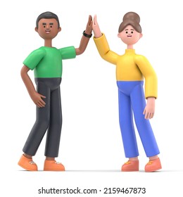 3D Illustration Of Cartoon Characters Informal Greeting. Happy Cheerful Cartoon Characters Giving High Five.Business Peoples Working Together. Successful Partnership, Friendship And Cooperation.