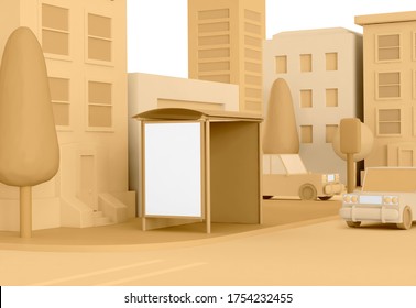 3D Illustration. Cartoon City With Blank Bus Stop Ad On The Street. Mockup. Business Promotion And Advertisement Concept.