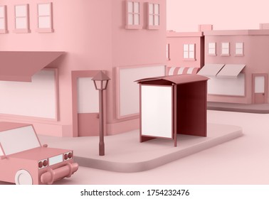 3D Illustration. Cartoon City With Blank Bus Stop Ad On The Street. Mockup. Business Promotion And Advertisement Concept.