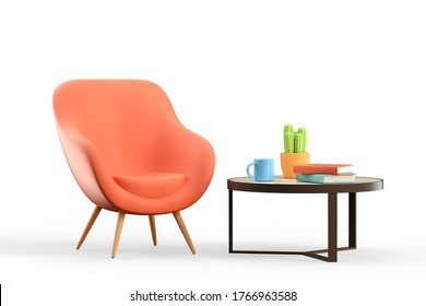 3D illustration of cartoon empty office workplace. Cozy interior with retro armchair, modern coffee table, mug, stack of books and plant.