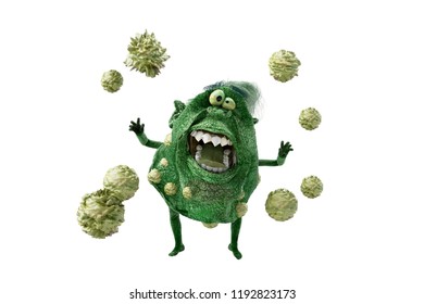 3D Illustration Of A Cartoon Germs Bacteria Viruses On White Background