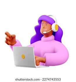 3d illustration. Cartoon girl 3d character with laptop and headphones. Online support concept. - Powered by Shutterstock