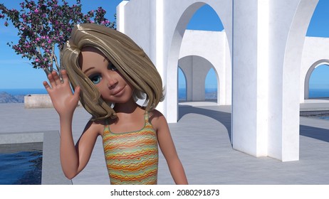 3d Illustration Of A Cartoon Girl Waving Next To A Swimming Pool At A Resort Setting.