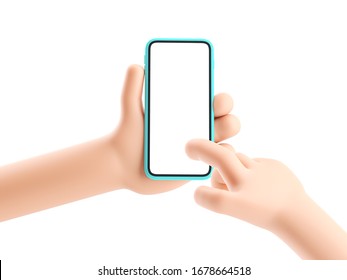 3d Illustration. Cartoon Hand Holding Phone On White Background. Cartoon Device Mockup.