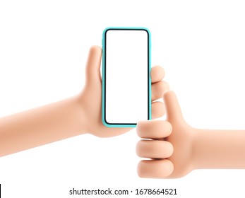 3d Illustration. Cartoon Hand Holding Phone On White Background. Cartoon Device Mockup.