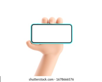 3d Illustration. Cartoon Hand Holding Phone On White Background. Cartoon Device Mockup.