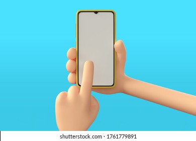 3d Illustration Of Cartoon Hand Holding Smartphone On Blue Background. Cartoon Modern Frameless Phone Device Mockup. Online Food Shopping Delivery, ECommerce Shop
