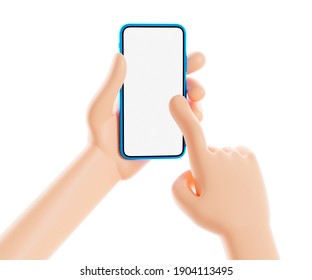 3d Illustration. Cartoon Hand Holding Phone On White Background. Cartoon Device Mockup.