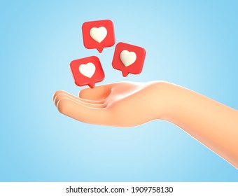 3D illustration of cartoon human hand and like heart icons on a red pins flying around over palm. Social media concept, web icon, like notifications, isolated on blue background. - Powered by Shutterstock