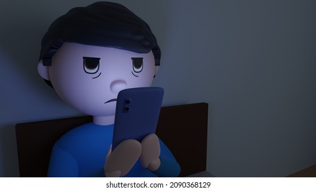 A 3D Illustration Of A Cartoon Man Doom Scrolling On His Phone In Bed At Night. 