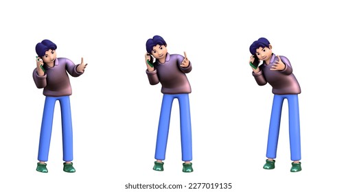 3D ILLUSTRATION CARTOON RENDERING OBJECT ELEMENT GESTURE PERSONALITY HUMAN CHARACTER TALKING MOBILE SMART PHONE FOR GRAPHICS MINIMAL PORTRAIT MAN MODEL YOUNG MALE STANDING ON ISOLATED WHITE BACKGROUND