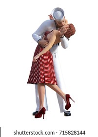 3D Illustration Cartoon Style Of VJ Day Sailor Kissing Girl At Train Station